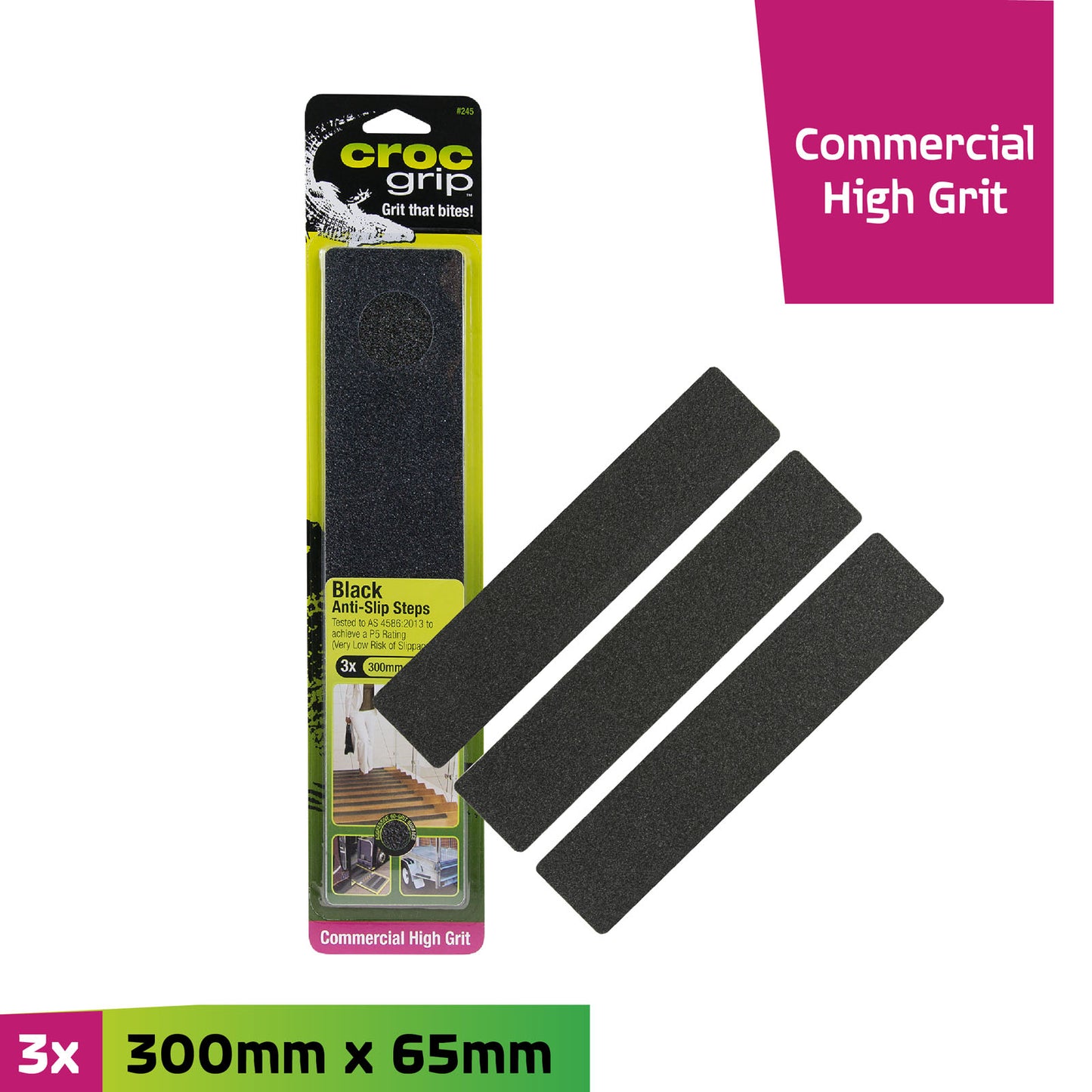300MM x 65MM Black Commercial High Grit Anti-Slip Steps - 3 Pack