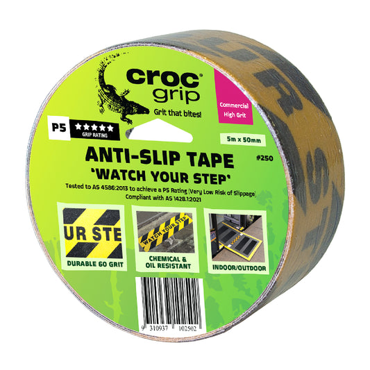 5M x 50MM Yellow/Black "Watch Your Step" Commercial High Grit Anti-Slip Tape