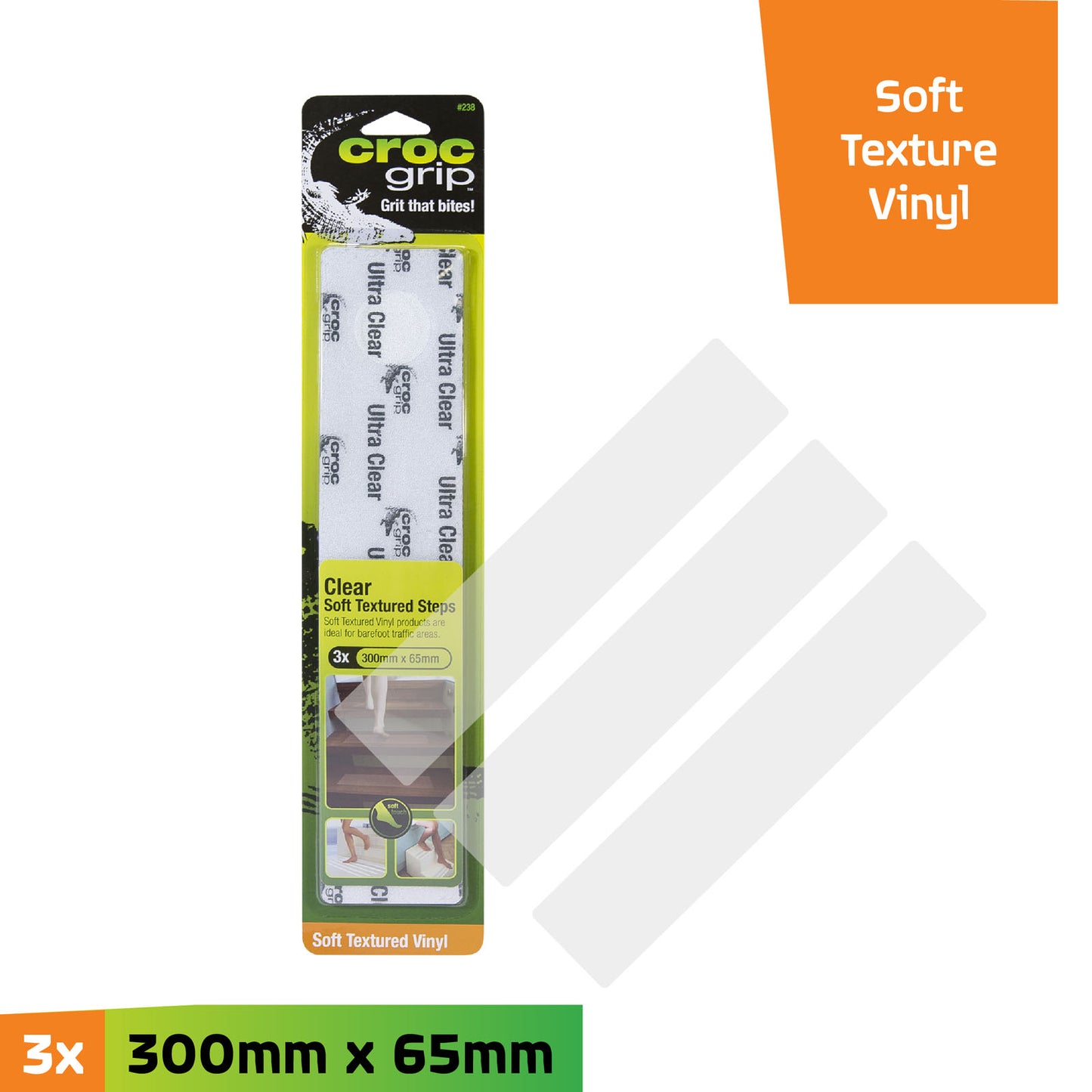 300MM x 65MM Clear Soft Textured Vinyl Anti-Slip Step - 3 Pack